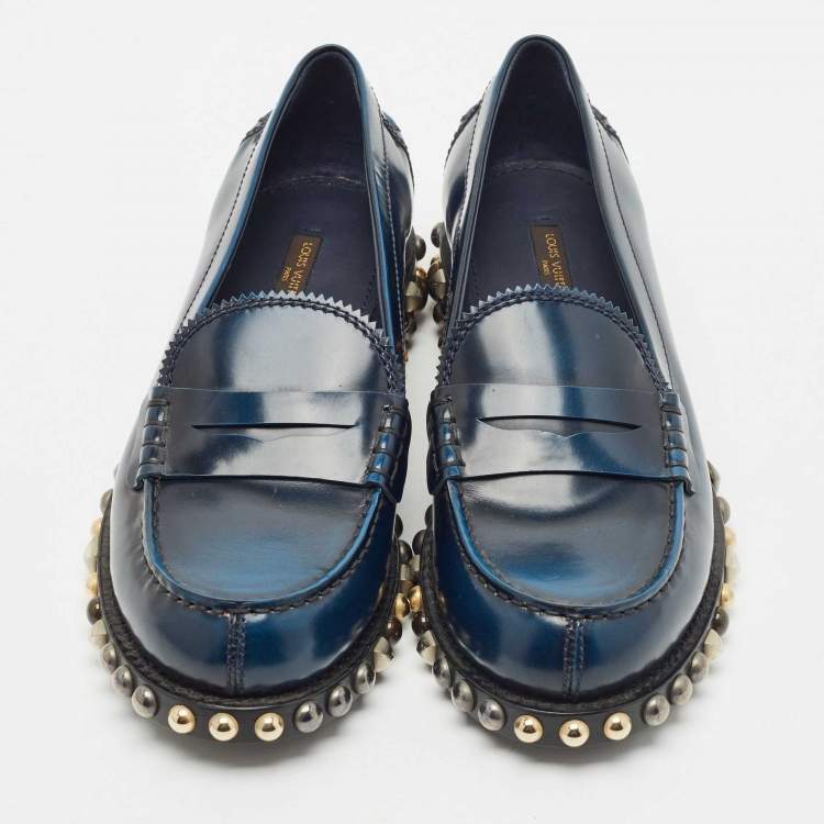 Pre Owned Louis Vuitton Blue/Black Ombre Leather Studded Penny Loafers Size 38