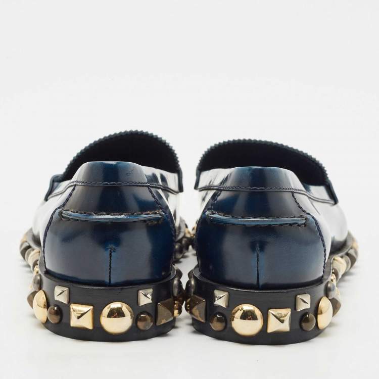 Pre Owned Louis Vuitton Blue/Black Ombre Leather Studded Penny Loafers Size 38