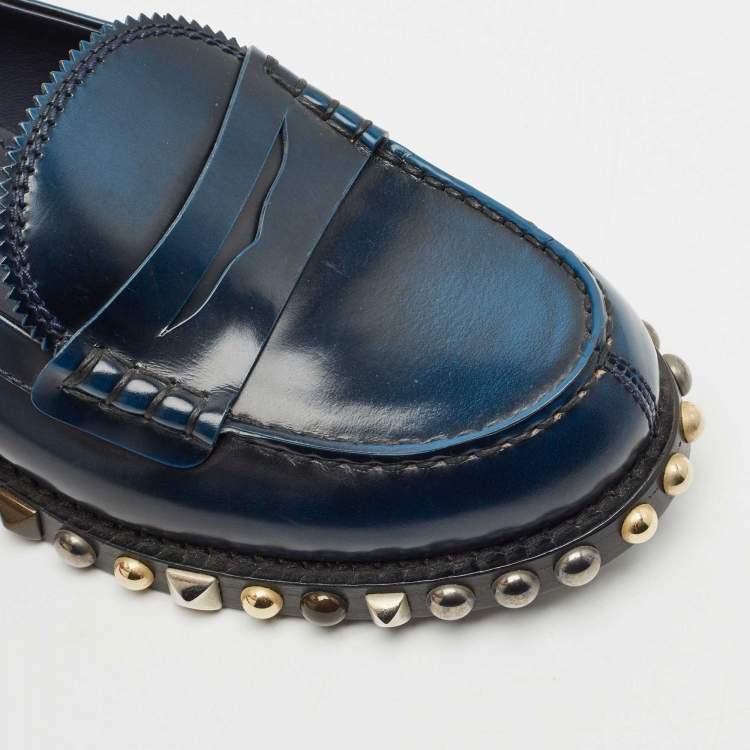 Pre Owned Louis Vuitton Blue/Black Ombre Leather Studded Penny Loafers Size 38