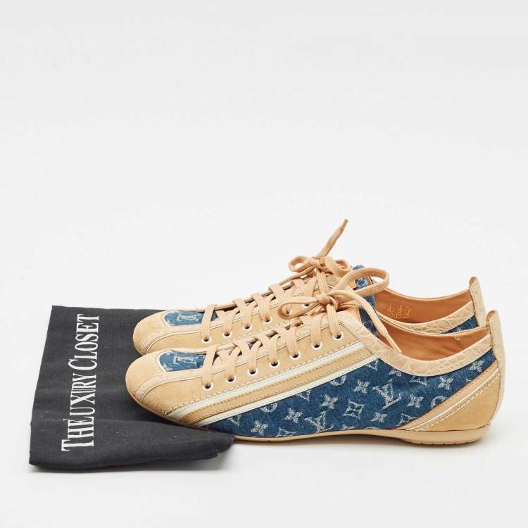 Pre Owned Louis Vuitton Blue/Beige Monogram Denim and Crocodile Impulsion Sneakers Size 38