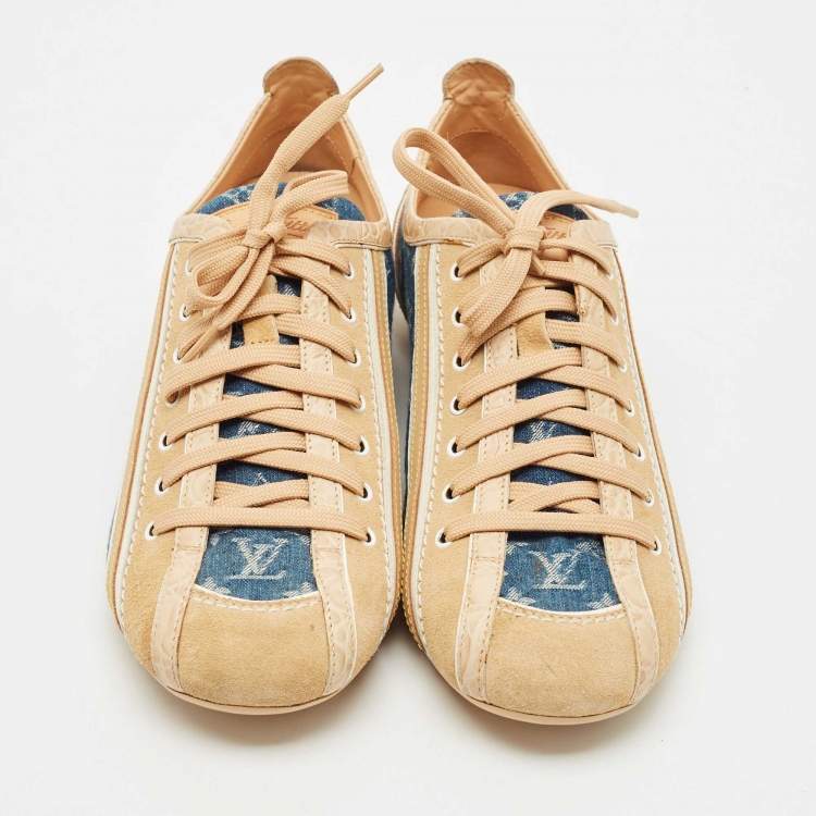 Pre Owned Louis Vuitton Blue/Beige Monogram Denim and Crocodile Impulsion Sneakers Size 38