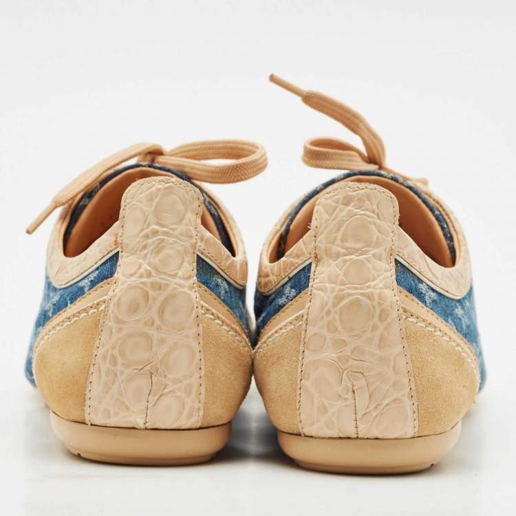 Pre Owned Louis Vuitton Blue/Beige Monogram Denim and Crocodile Impulsion Sneakers Size 38