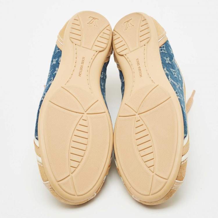 Pre Owned Louis Vuitton Blue/Beige Monogram Denim and Crocodile Impulsion Sneakers Size 38