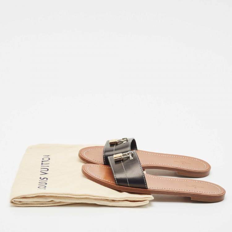 Pre Owned Louis Vuitton Black Leather Lock It Flat Slide Sandals Size 37.5