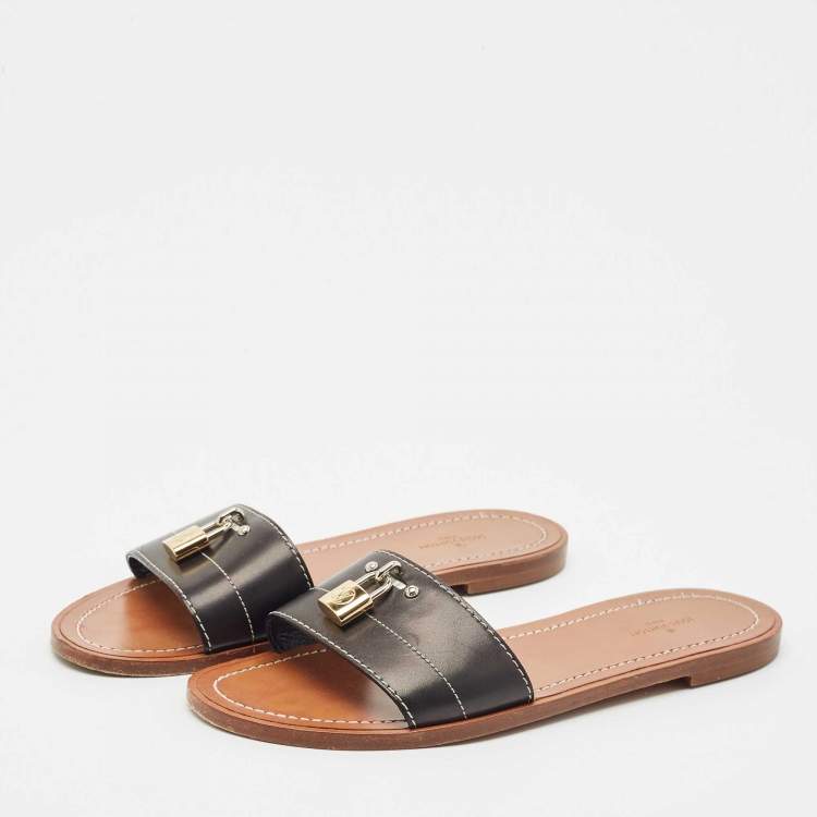 Pre Owned Louis Vuitton Black Leather Lock It Flat Slide Sandals Size 37.5
