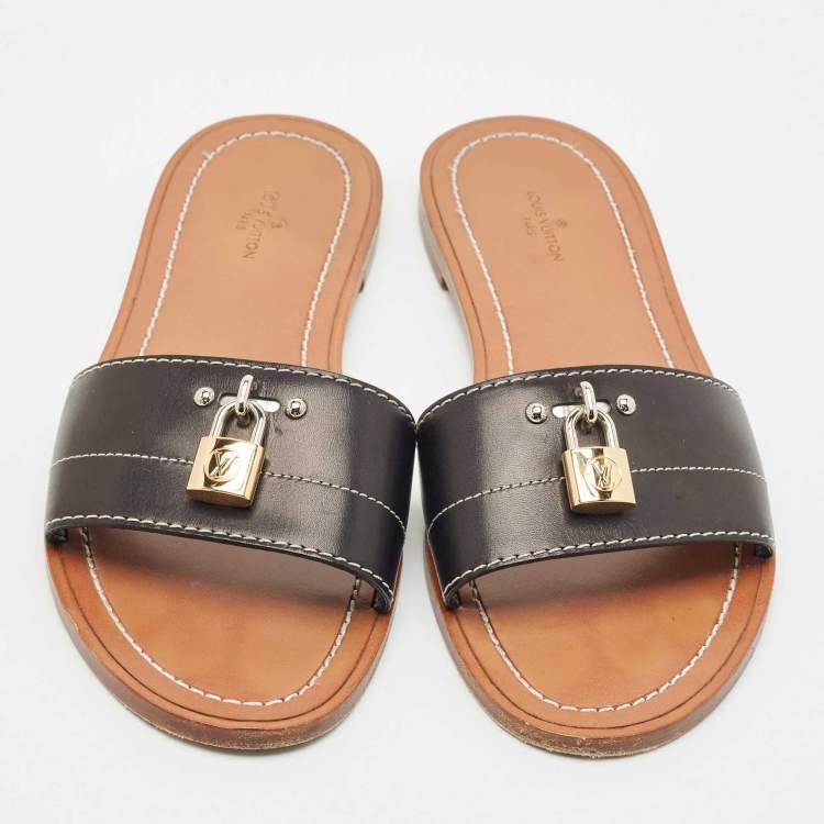 Pre Owned Louis Vuitton Black Leather Lock It Flat Slide Sandals Size 37.5