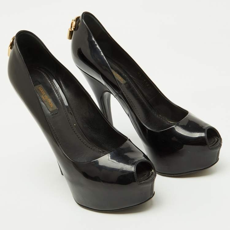 Pre Owned Louis Vuitton Black Patent Leather Oh Really! Platform Peep Toe Pumps Size 37.5
