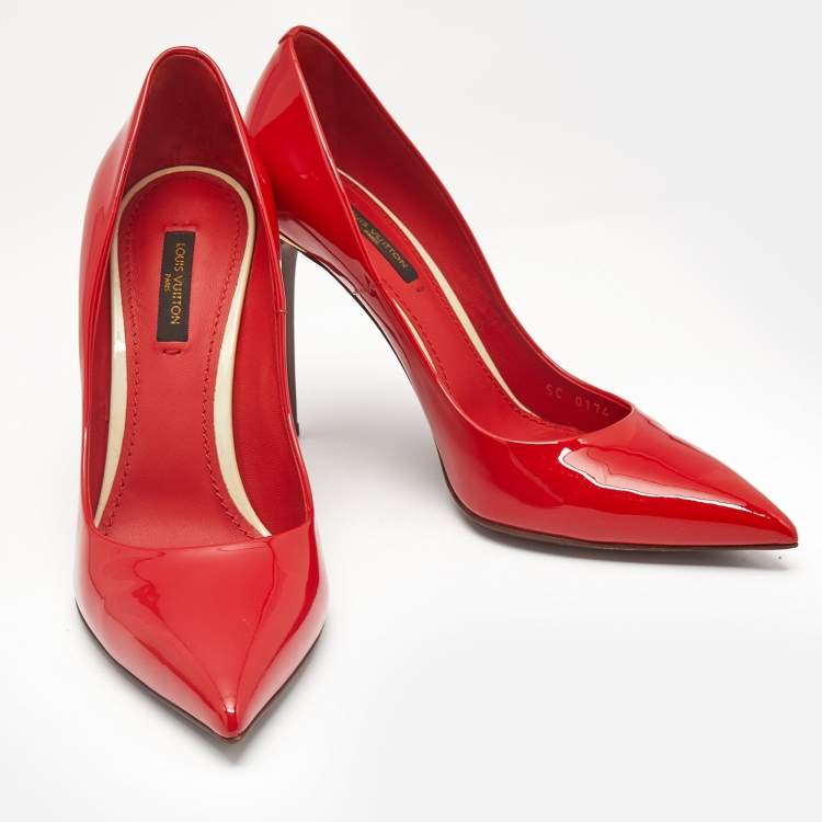 Pre Owned Louis Vuitton Red Patent Leather Eyeline Pointed Toe Pumps Size 37.5