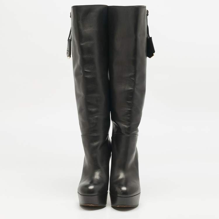 Pre Owned Louis Vuitton Black Leather Platform Knee Length Boots Size 38