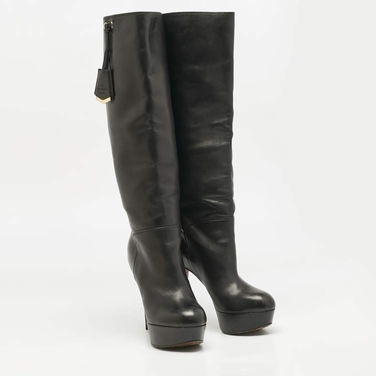 Pre Owned Louis Vuitton Black Leather Platform Knee Length Boots Size 38