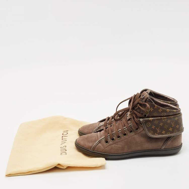 Pre Owned Louis Vuitton Brown Monogram Canvas and Suede Brea Mid Top Sneakers Size 37