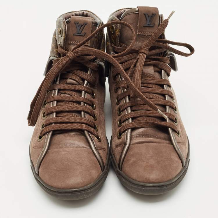 Pre Owned Louis Vuitton Brown Monogram Canvas and Suede Brea Mid Top Sneakers Size 37