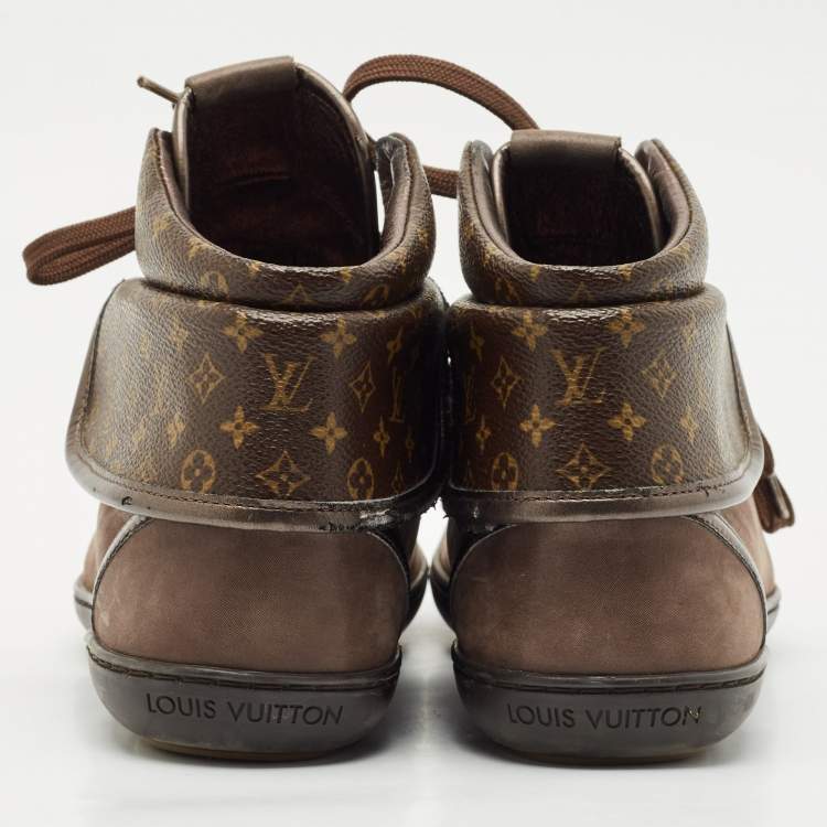 Pre Owned Louis Vuitton Brown Monogram Canvas and Suede Brea Mid Top Sneakers Size 37