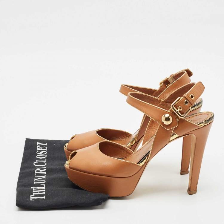 Pre Owned Louis Vuitton Brown Leather Platform Ankle Strap Sandals Size 38