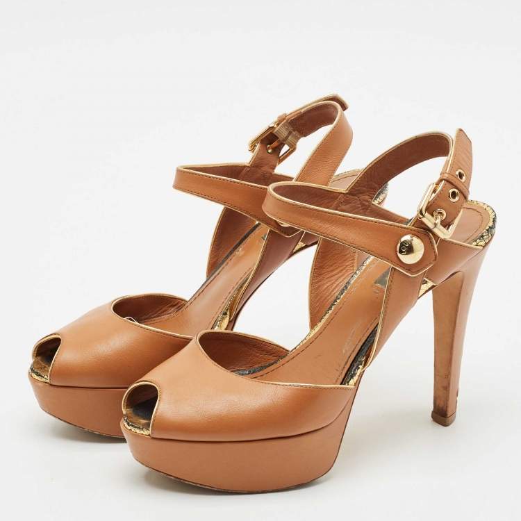 Pre Owned Louis Vuitton Brown Leather Platform Ankle Strap Sandals Size 38