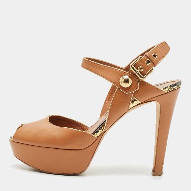 Pre Owned Louis Vuitton Brown Leather Platform Ankle Strap Sandals Size 38