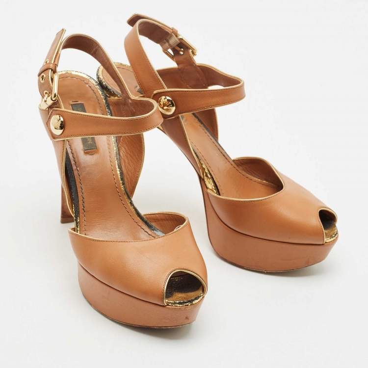 Pre Owned Louis Vuitton Brown Leather Platform Ankle Strap Sandals Size 38