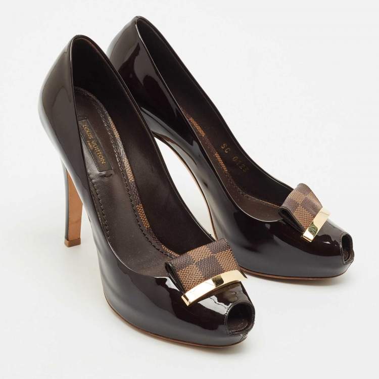 Pre Owned Louis Vuitton Dark Brown Patent Leather Peep Toe Platform Pumps Size 36.5