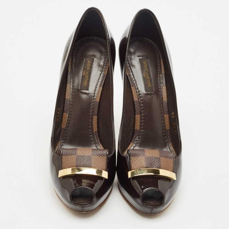Pre Owned Louis Vuitton Dark Brown Patent Leather Peep Toe Platform Pumps Size 36.5
