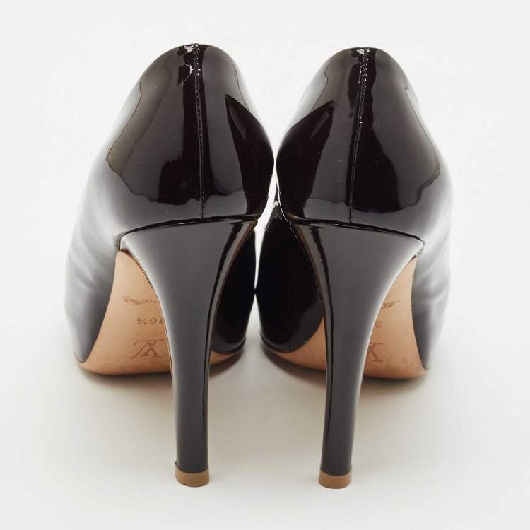 Pre Owned Louis Vuitton Dark Brown Patent Leather Peep Toe Platform Pumps Size 36.5