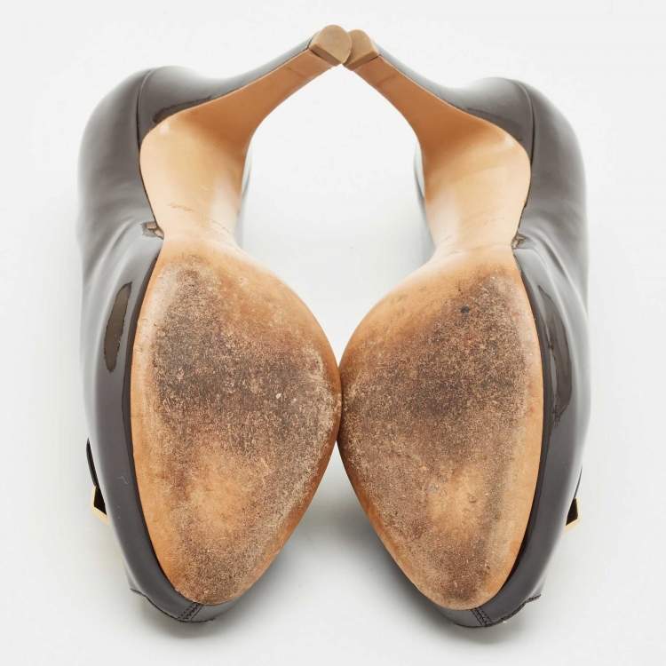 Pre Owned Louis Vuitton Dark Brown Patent Leather Peep Toe Platform Pumps Size 36.5