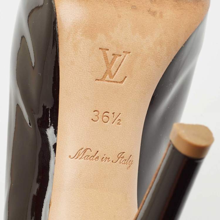Pre Owned Louis Vuitton Dark Brown Patent Leather Peep Toe Platform Pumps Size 36.5