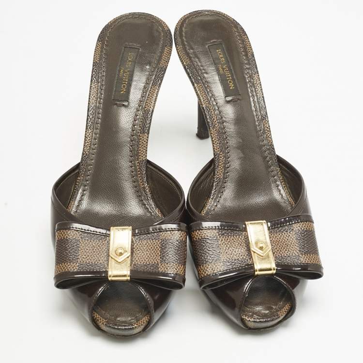 Pre Owned Louis Vuitton Damier Ebene Canvas and Leather Bow Slide Sandals Size 39