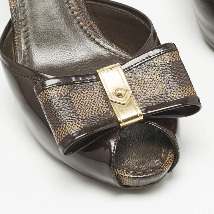 Pre Owned Louis Vuitton Damier Ebene Canvas and Leather Bow Slide Sandals Size 39