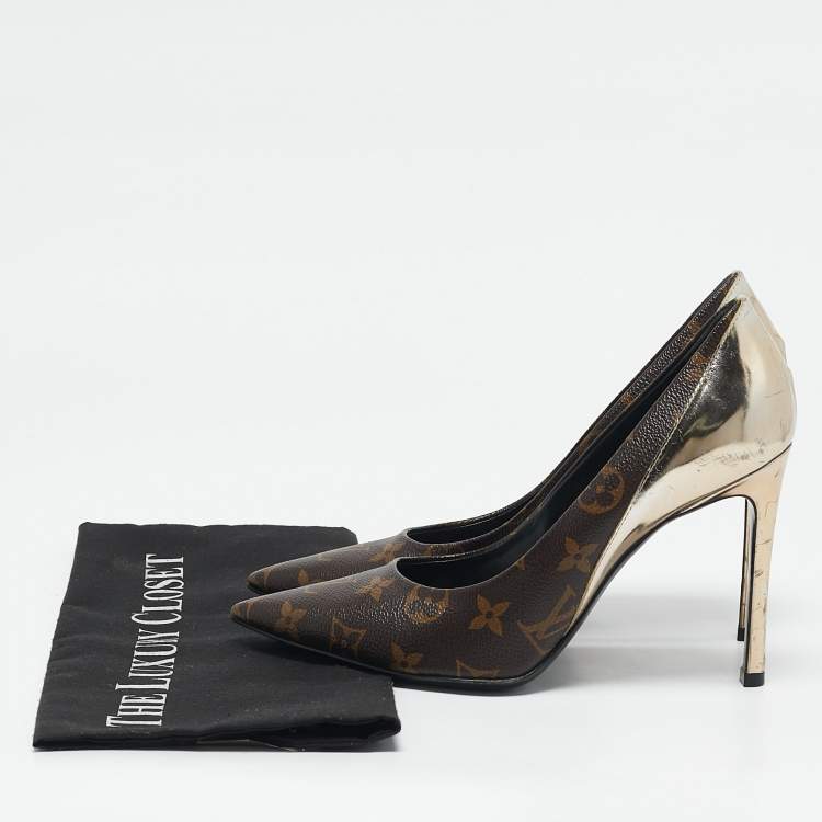 Pre Owned Louis Vuitton Gold Monogram Canvas and Leather Chérie Pumps Size 38.5