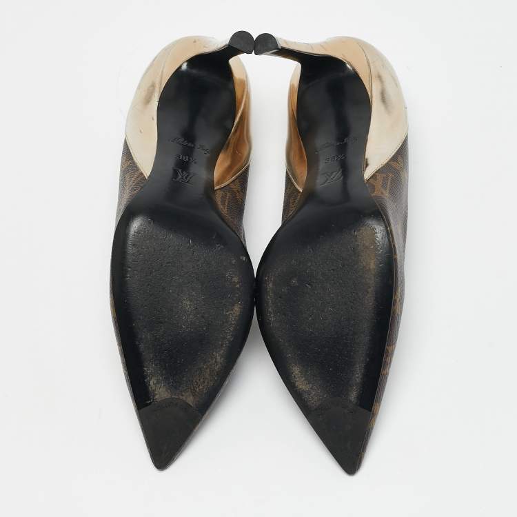 Pre Owned Louis Vuitton Gold Monogram Canvas and Leather Chérie Pumps Size 38.5