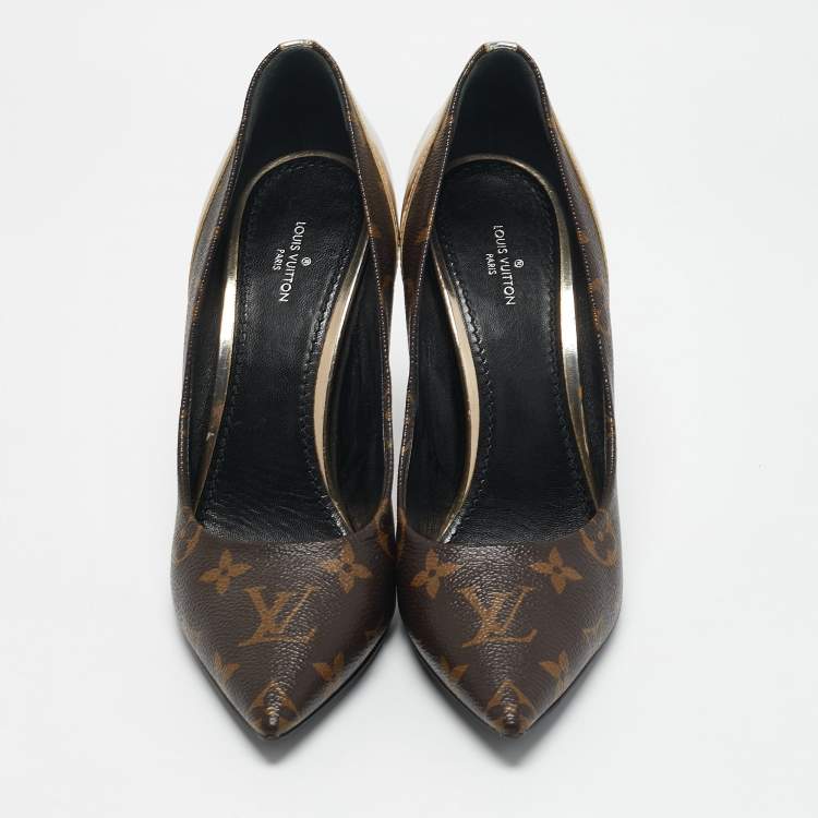 Pre Owned Louis Vuitton Gold Monogram Canvas and Leather Chérie Pumps Size 38.5