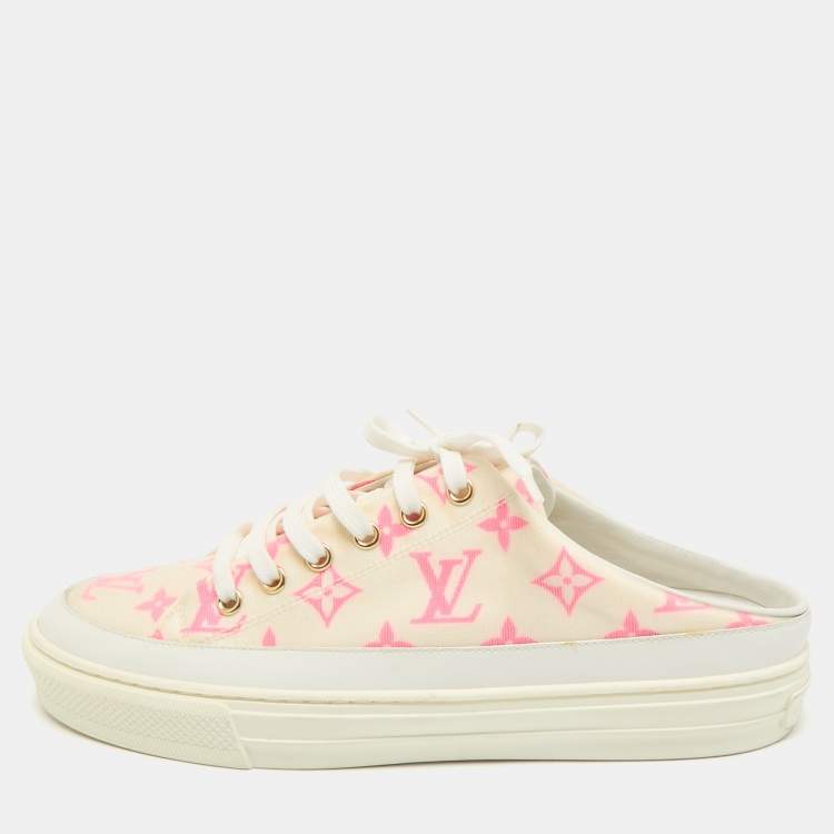 Pre Owned Louis Vuitton White/Pink Mesh and Leather Stellar Sneaker Mules Size 39.5