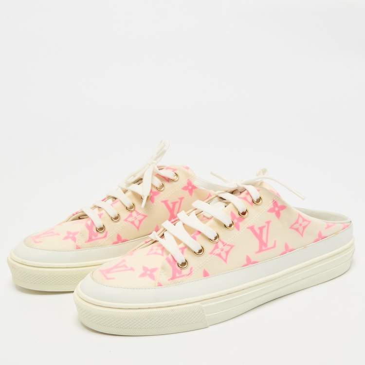 Pre Owned Louis Vuitton White/Pink Mesh and Leather Stellar Sneaker Mules Size 39.5