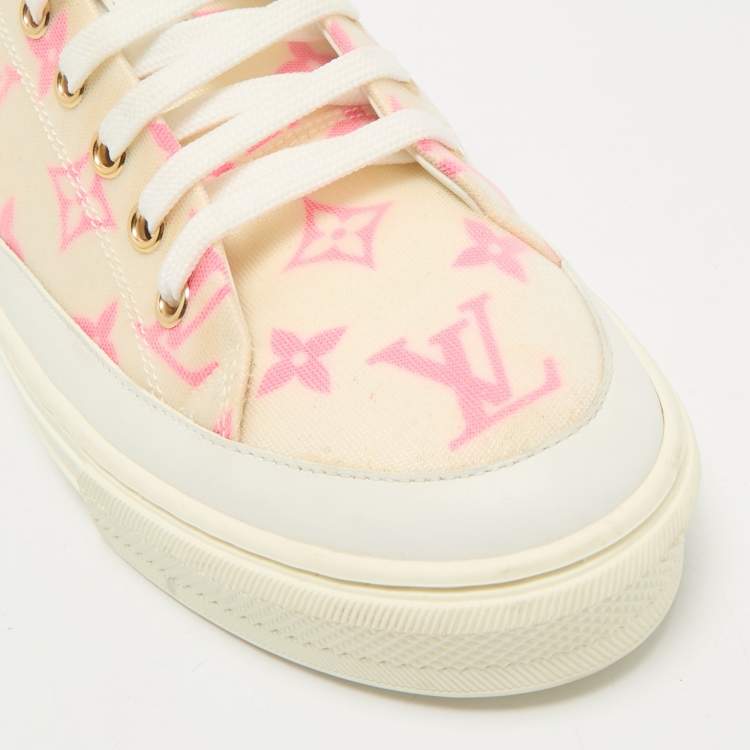 Pre Owned Louis Vuitton White/Pink Mesh and Leather Stellar Sneaker Mules Size 39.5