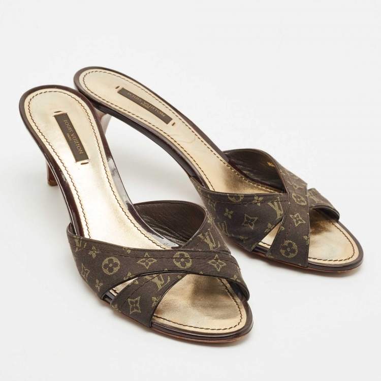 Pre Owned Louis Vuitton Brown Canvas Monogram Denim Slide Sandals Size 39.5