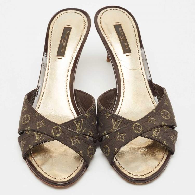 Pre Owned Louis Vuitton Brown Canvas Monogram Denim Slide Sandals Size 39.5