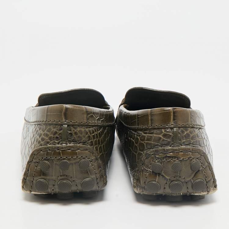 Pre Owned Louis Vuitton Green Croc Embossed Leather Dauphine Loafers Size 39.5