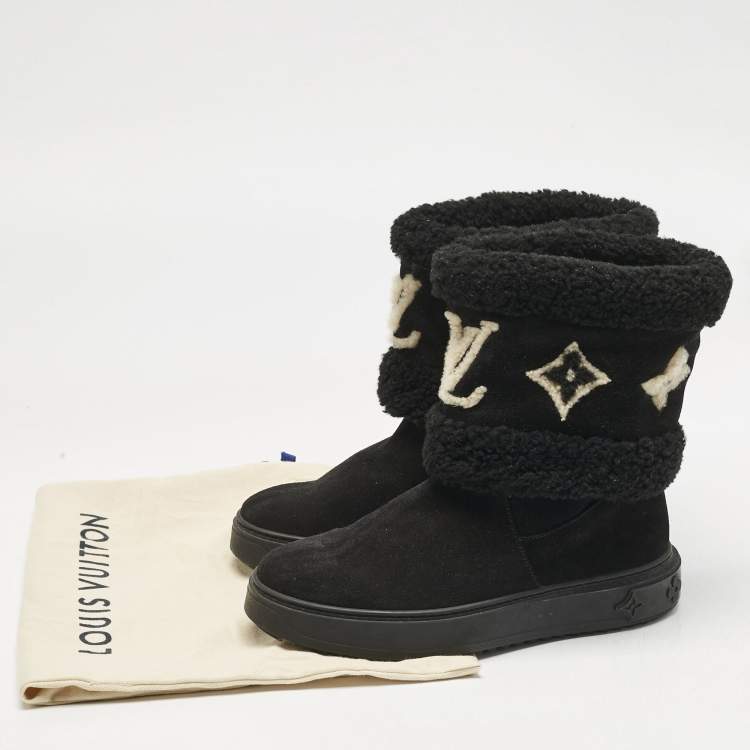 Pre Owned Louis Vuitton Black Shearling and Suede Snowdrop Ankle Length Boots Size 39