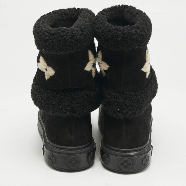 Pre Owned Louis Vuitton Black Shearling and Suede Snowdrop Ankle Length Boots Size 39