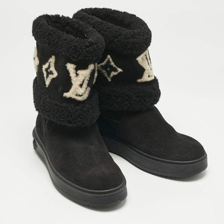 Pre Owned Louis Vuitton Black Shearling and Suede Snowdrop Ankle Length Boots Size 39