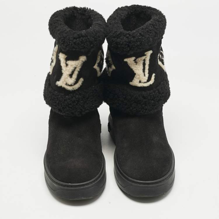 Pre Owned Louis Vuitton Black Shearling and Suede Snowdrop Ankle Length Boots Size 39