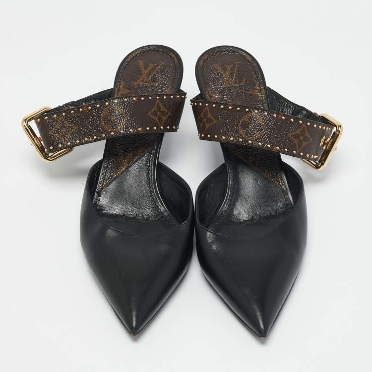 Pre Owned Louis Vuitton Black Leather and Monogram Canvas Studded Pointed Toe Mules Size 39