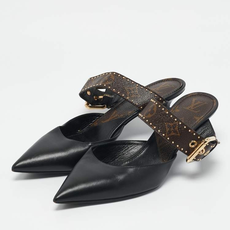 Pre Owned Louis Vuitton Black Leather and Monogram Canvas Studded Pointed Toe Mules Size 39