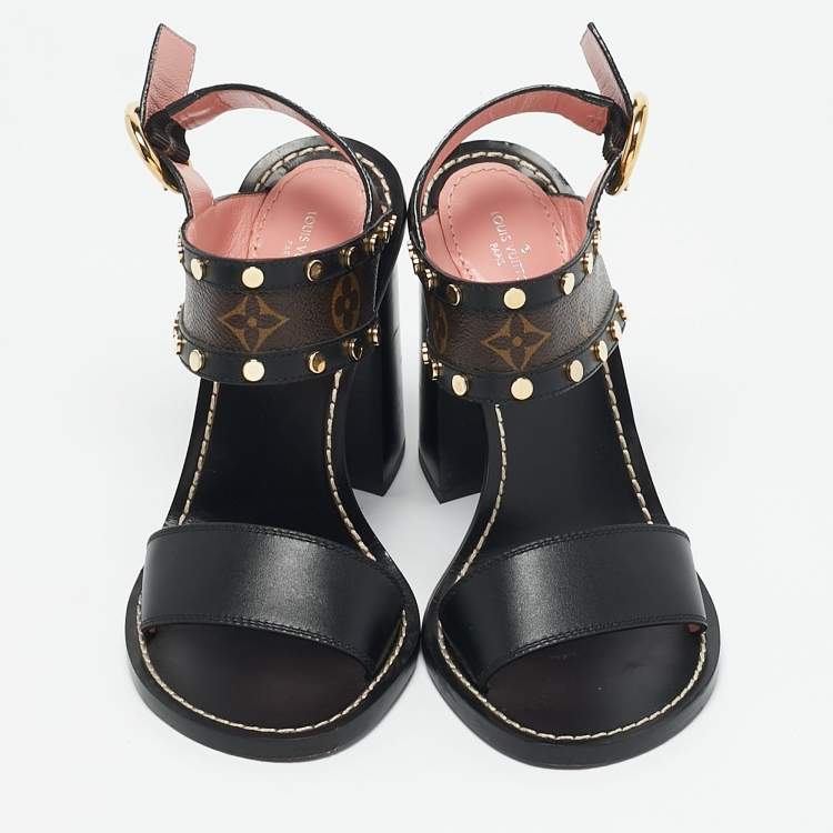 Pre Owned Louis Vuitton Black Monogram Canvas and Leather Passenger Heeled Sandals Size 37