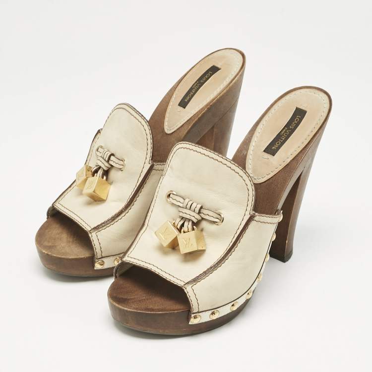 Pre Owned Louis Vuitton Cream Leather Logo Dice Clogs Size 37.5