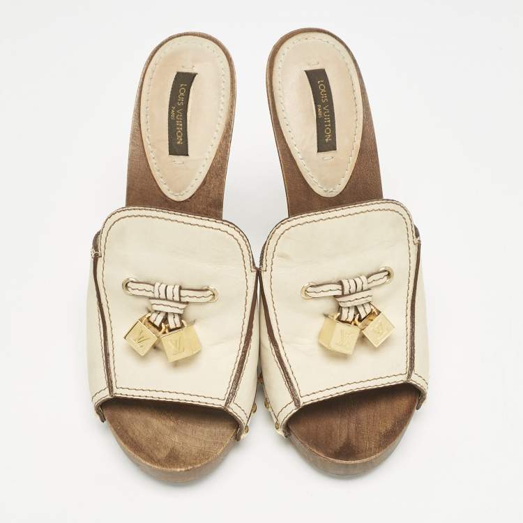 Pre Owned Louis Vuitton Cream Leather Logo Dice Clogs Size 37.5
