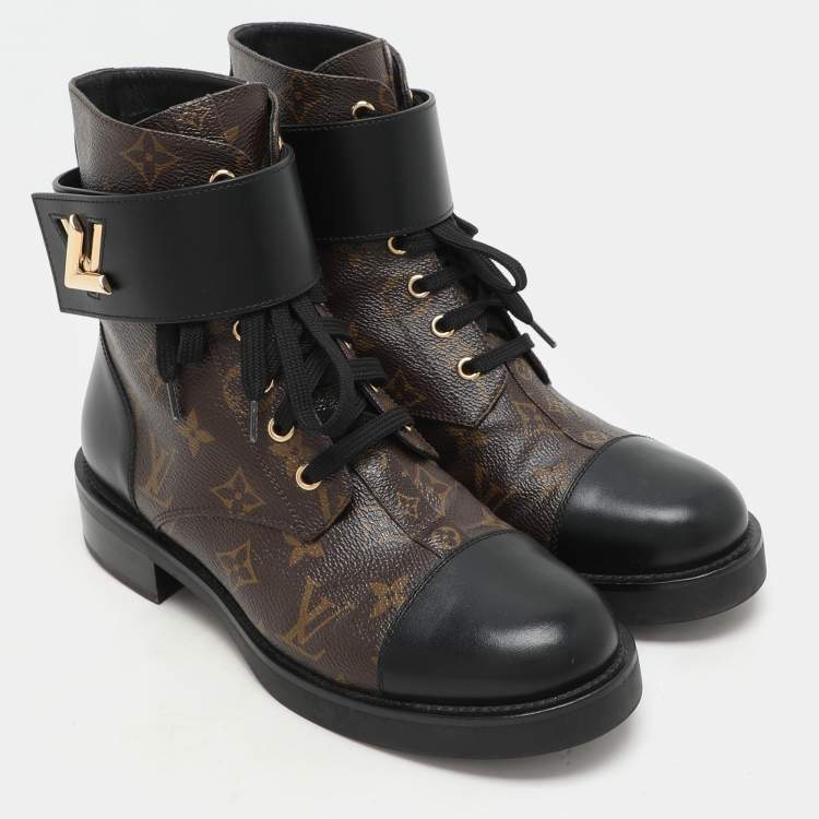 Pre Owned Louis Vuitton Black Monogram Canvas and Leather Wonderland Flat Ranger Boots Size 38.5