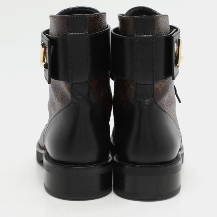 Pre Owned Louis Vuitton Black Monogram Canvas and Leather Wonderland Flat Ranger Boots Size 38.5