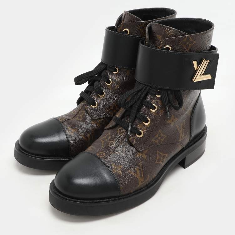 Pre Owned Louis Vuitton Black Monogram Canvas and Leather Wonderland Flat Ranger Boots Size 38.5