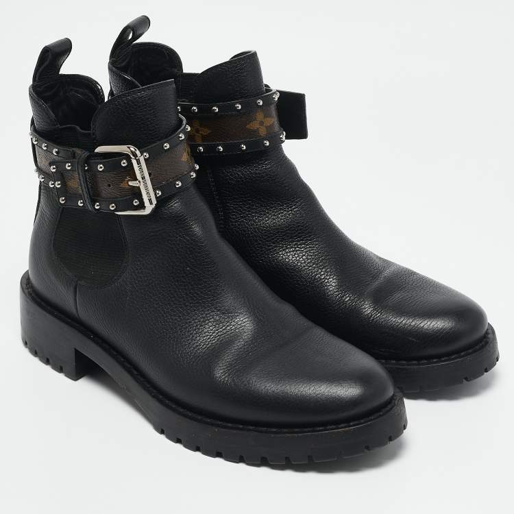 Pre Owned Louis Vuitton Black Leather Discovery  Flat Ranger Ankle Length Boots Size 37